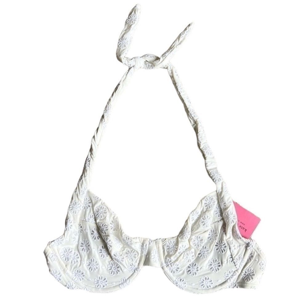 Kate Spade White Eyelet Embroidered Underwire Halter Bikini Top New Size Large